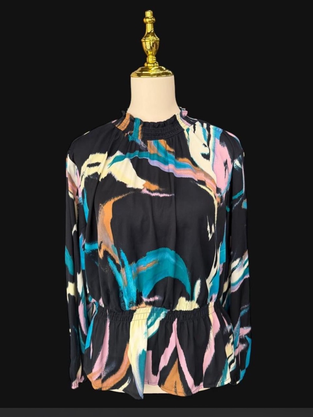 Nine West Abstract Brushstroke Smocked High Neck Blouse Long Sleeve Top Large